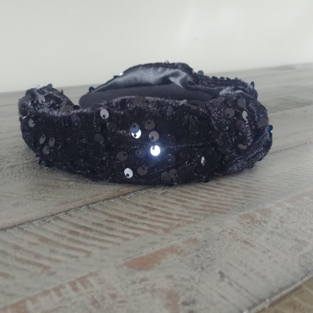 4/$20 Soft wide black velvet sequin headband hair band with knot